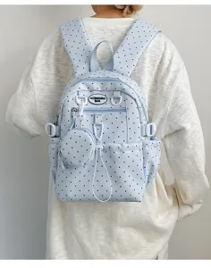 Joli sac à dos bleu clair à pois avec petit porte-monnaie pour l'école et le bureau.