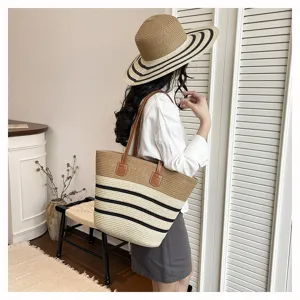 Woven straw tote bag for women, stylish striped beach shoulder bag with large capacity daily use.