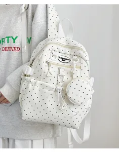 Sac à dos d'école mignon à pois de style japonais avec petite pochette ronde pour les étudiants.
