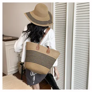 Woven straw tote bag for women, stylish striped beach shoulder bag, large capacity casual handbag.