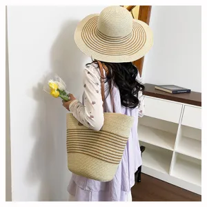 Woven striped straw tote bag for women, large capacity beach shoulder bag with contrast color.