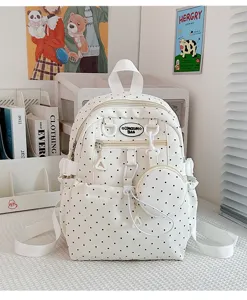 Joli sac à dos blanc à pois avec petite poche ronde sac d'école décontracté quotidien