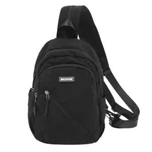 Sac bandouliere en nylon noir multi-poches sac de poitrine decontracte pour voyage et sport.
