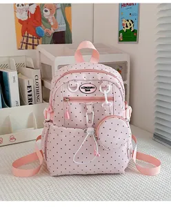 Joli sac à dos scolaire rose à pois avec petit porte-monnaie, sac de cours décontracté.