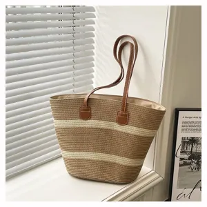 Woven straw striped tote bag for women, stylish beach shoulder bag with contrast color design.