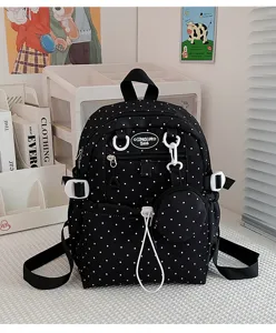 Sac a dos d'ecolier a pois noirs et blancs avec petite pochette, sac de cours decontracte.