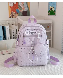 Joli sac à dos violet à pois pour l'école et les loisirs avec petite poche avant.