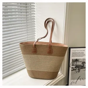 Fashion woven stripe contrast color tote bag, large capacity commuter shoulder beach bag
