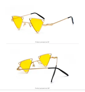 Detaillierte Ansicht einzigartiger dreieckiger gelber Metall Steampunk Sonnenbrille.