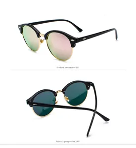 Detail view of stylish half-frame round sunglasses with colorful reflective lenses.
