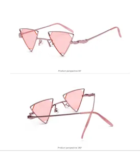 Detailansicht der einzigartigen Steampunk Dreieck Sonnenbrille mit pinken Gläsern Metall.