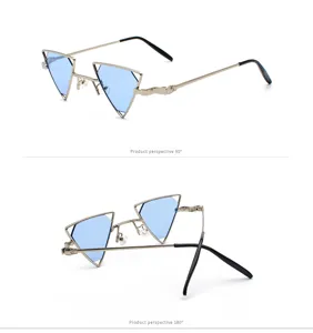Steampunk Dreieck Sonnenbrille Detailansicht, einzigartiger Metallrahmen blaue Gläser.