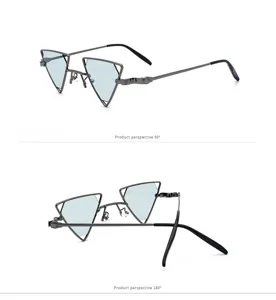 Detailansicht der Steampunk Metall Dreieck Sonnenbrille mit geometrischem Rahmen und Winkeln.