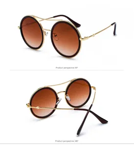 Gafas de sol redondas retro de metal con lentes degradadas marrones y doble puente elegante.