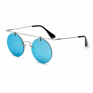 Lunettes de soleil rondes vintage tendance avec verres bleus et monture métallique élégante.