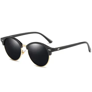 Classic semi-rimless polarized sunglasses for men and women with black gold retro frame.