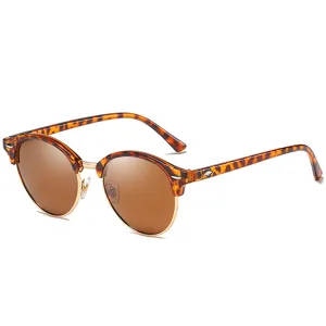 Fashion round frame polarized sunglasses for men and women, retro browline brown lenses.