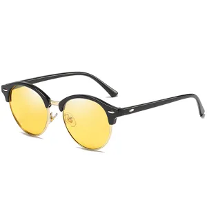 Men's and women's semi-rimless retro sunglasses with yellow night vision lenses and metal frame.