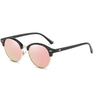 Stylish fashion round half-frame sunglasses with pink reflective lenses for daily outdoor wear.