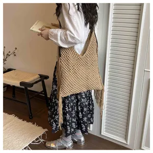 Sac cabas tissé à la main pour femmes, grand sac d'épaule de plage avec des franges.