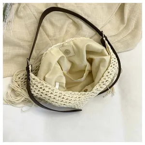 Sac cabas tissé beige pour femmes, grand sac d'épaule crocheté avec lanières en cuir marron.