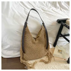 Sac cabas tissé ajouré fait main avec franges élégantes et bandoulière en cuir pour plage