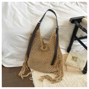 Sac cabas tissé ajouré fait main pour femmes, sac d'épaule décontracté pour vacances.