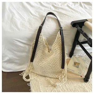 Sac cabas tissé ajouré fait main avec franges et lanière en cuir pour femme, sac de plage.