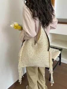 Sac Cabas Tissé À La Main Ajouré Avec Pompon Grande Capacité Femme Plage Vacances Sac À Bandoulière Sac En Tricot De Coton