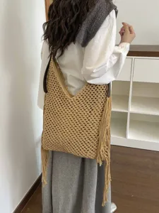 Sac cabas tressé au crochet fait main grande capacité sac épaule femme avec franges