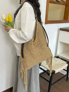 Sac cabas fourre-tout pour femme tissé ajouré grande capacité plage vacances bandoulière