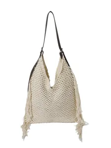 Sac cabas fourre-tout pour femme en crochet fait main franges style vacances plage.