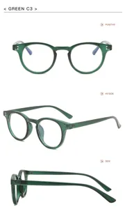 Nahaufnahmen der runden Anti-Blaulicht-Brille im Vintage-Stil in Grün C3, verschiedene Winkel.