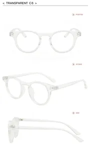 Transparente runde Brille Detailansicht aus mehreren Winkeln, Blaulichtfilter Brillenrahmen.