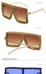 Occhiali da sole quadrati oversize con ricchi strass e lenti sfumate, stile glamour.