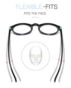 Detalle de gafas redondas anti luz azul flexibles con patillas flexibles y gran ajuste facial.