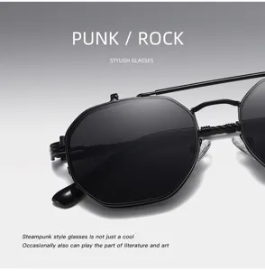 Gros plan détaillé de lunettes de soleil steampunk en métal noir à double verres.