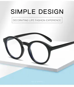 Vista detallada de gafas redondas negras antirradiación azul, diseño elegante y ligero.