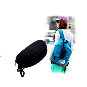 Black EVA zipper glasses case with hook, portable hard shell anti-pressure sunglass pouch bag.
