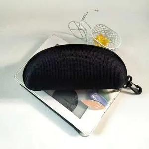 Detail view of the black EVA zipper hard glasses case featuring a convenient hanging hook.