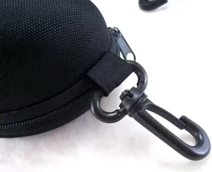 Black EVA zipper glasses case detail showing durable black plastic hook and reinforced nylon loop.