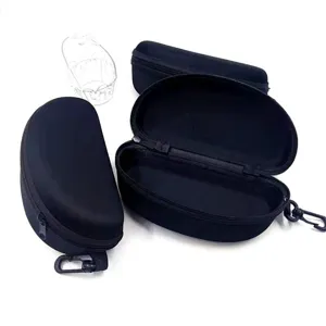 Black EVA hard shell zipper glasses case detail view with handy plastic hanging hook.