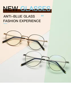 Retro metal anti-blue light glasses detail, elegant round frame design for daily wear.