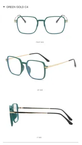 Detailansicht der Retro-Metall-Brille im Großformat, modische grüne und goldene Optik-Sehhilfe.
