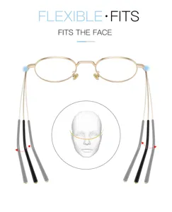 Retro metal oval glasses detail showing flexible adjustable temples for comfortable facial fit.
