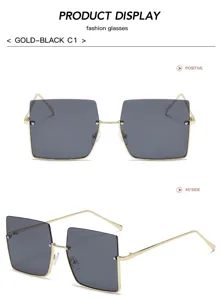 Gafas de sol de moda cuadradas con patillas de metal dorado y lentes oscuras.