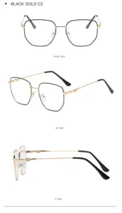 Metal irregular polygonal anti-blue light glasses detail view, stylish black gold frame.