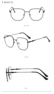 Detail view of black metal irregular polygon anti-blue light glasses frame, stylish look.