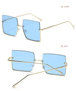 Vista detallada de gafas de sol cuadradas de metal sin montura con lentes de color azul claro.
