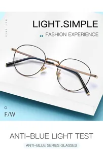 Retro round metal anti-blue light glasses with clear lenses for daily computer use.